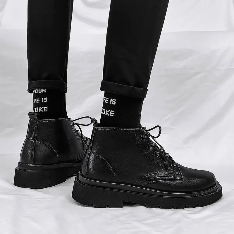 Men'S Shoes Increase Height - Deri Siyah Erkek Yüksek Bilekli Bağcıklı