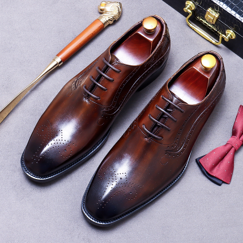 Oxford Brogue Leather - Erkek Vintage Yazılı Desenli Brogue Oxford
