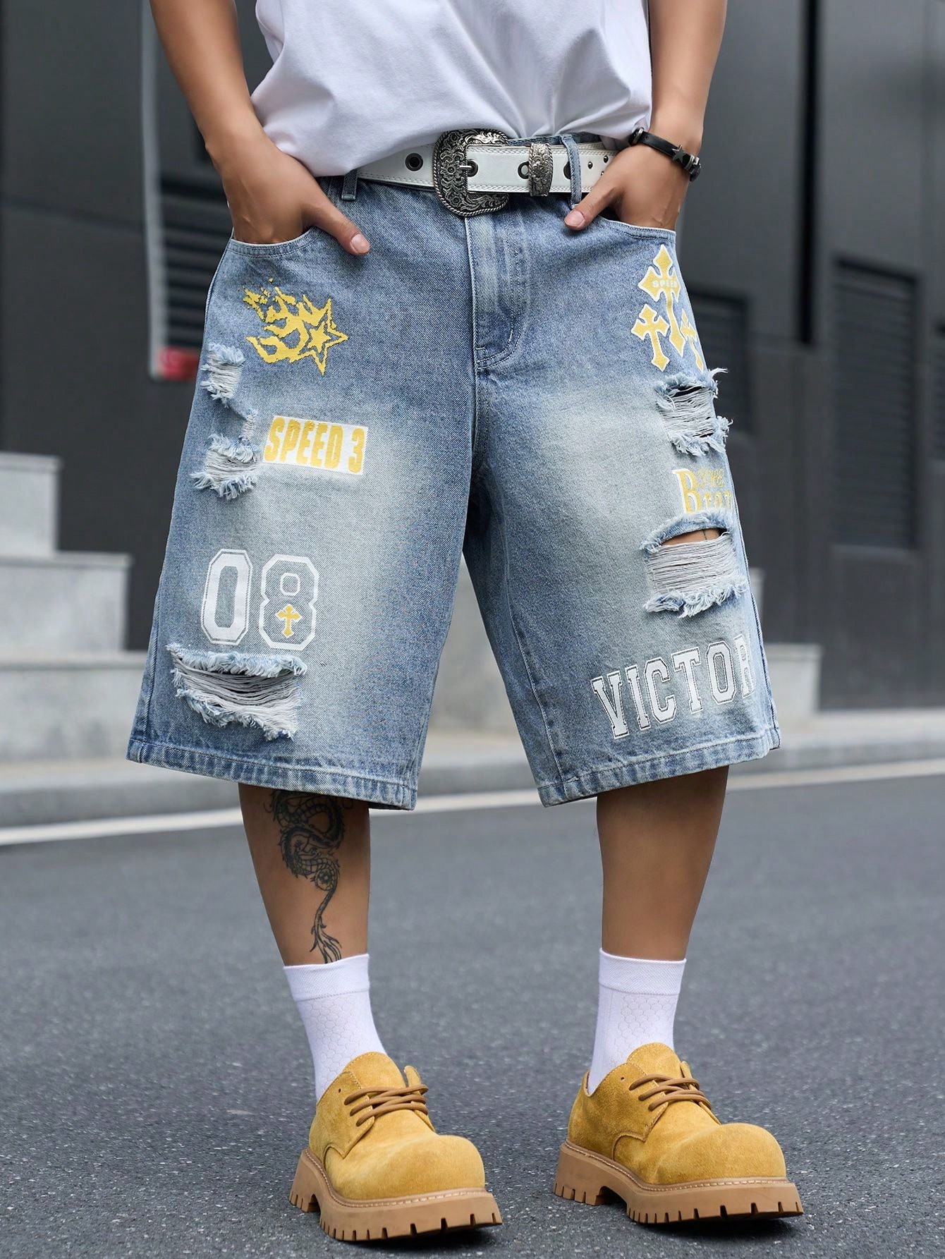 Men'S Shoes With Jeans - Erkek Bol Kesim Denim Bermuda Şort,